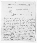 3 pages written 19 Feb 1874 by Sir Julius Vogel, from Native Minister and Minister of Colonial Defence - Inward telegrams