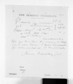 1 page written 12 Oct 1871 by James Mackay to Dr Daniel Pollen in Auckland Region, from Native Minister and Minister of Colonial Defence - Inward telegrams