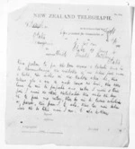 2 pages written 10 Jan 1874 by an unknown author in Wanganui to Sir Donald McLean in Otaki, from Native Minister and Minister of Colonial Defence - Inward telegrams