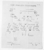 1 page written 12 Jan 1874 by William Gilbert Mair in Alexandra to Sir Donald McLean in Otaki, from Native Minister and Minister of Colonial Defence - Inward telegrams