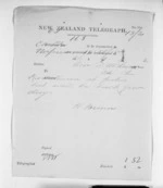 1 page written 9 Mar 1872 by Rev Henry Handley Brown in Napier City to Sir Donald McLean, from Native Minister and Minister of Colonial Defence - Inward telegrams