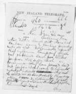1 page written 21 Feb 1874 by Sir Julius Vogel in Auckland City to Sir Donald McLean in Wellington, from Native Minister and Minister of Colonial Defence - Inward telegrams