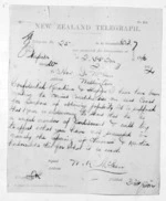 1 page written 2 Mar 1874 by William Kentish McLean in Napier City to Sir Donald McLean in Wellington, from Native Minister and Minister of Colonial Defence - Inward telegrams