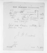 1 page written 27 Mar 1872 by John Davies Ormond in Napier City to Sir Donald McLean in Wellington, from Native Minister and Minister of Colonial Defence - Inward telegrams