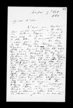 2 pages written 9 Oct 1861 by Robert Roger Strang in Napier City to Sir Donald McLean, from Family correspondence - Robert Strang (father-in-law)