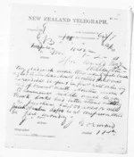 1 page written 7 Feb 1874 by John Davies Ormond in Napier City to Sir Donald McLean in Wellington City, from Native Minister and Minister of Colonial Defence - Inward telegrams