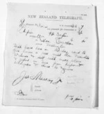 1 page written 21 Mar 1874 by James Mackay in Napier City to Sir Donald McLean in Wellington, from Native Minister and Minister of Colonial Defence - Inward telegrams