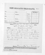 1 page written 7 Jan 1874 by Sir Donald McLean in Otaki to Henry Tacy Clarke in Wellington City, from Native Minister and Minister of Colonial Defence - Outward telegrams