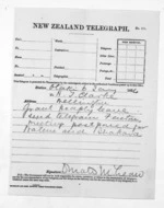 1 page written 6 Jan 1874 by Sir Donald McLean in Otaki to Henry Tacy Clarke in Wellington, from Native Minister and Minister of Colonial Defence - Outward telegrams