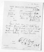 1 page written 12 Mar 1874 by an unknown author in Patea to Sir Donald McLean in Wellington, from Native Minister and Minister of Colonial Defence - Inward telegrams