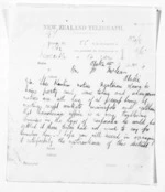 2 pages written 8 Jan 1874 by James Mackay to Sir Donald McLean in Otaki, from Native Minister and Minister of Colonial Defence - Inward telegrams