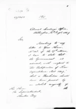 3 pages written 26 Aug 1869 by William Gisborne in Wellington to Hawke's Bay Region, from Hawke's Bay.  McLean and J D Ormond, Superintendents - Letters to Superintendent