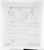 1 page written 9 Oct 1871 by John Davies Ormond in Napier City to Sir Donald McLean in Wellington, from Native Minister and Minister of Colonial Defence - Inward telegrams