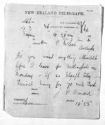 1 page written 3 Jan 1874 by John Davies Ormond in Napier City to Sir Donald McLean in Wellington City, from Native Minister and Minister of Colonial Defence - Inward telegrams