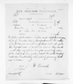 1 page written 30 Mar 1872 by John Davies Ormond in Napier City to Sir Donald McLean in Wellington, from Native Minister and Minister of Colonial Defence - Inward telegrams