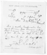 1 page written 23 Aug 1874 by Samuel Locke in Napier City to Sir Donald McLean in Wellington City, from Native Minister and Minister of Colonial Defence - Inward telegrams
