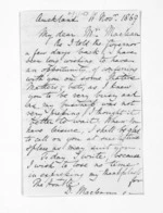 3 pages written 11 Nov 1869 by Sir William Martin in Auckland Region to Sir Donald McLean, from Inward letters - Sir William Martin