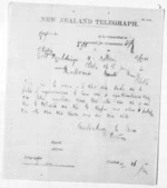 1 page to Sir Donald McLean in Otaki, from Native Minister and Minister of Colonial Defence - Inward telegrams