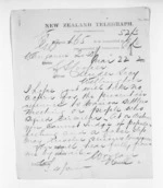 1 page written 22 Mar 1872 by G Worgan in Wanganui to George Sisson Cooper in Wellington, from Native Minister and Minister of Colonial Defence - Inward telegrams