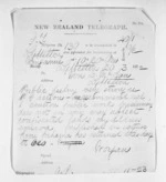 1 page written 20 Mar 1872 by G Worgan in Wanganui to Sir Donald McLean in Lyttelton, from Native Minister and Minister of Colonial Defence - Inward telegrams