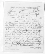 1 page written 21 Feb 1874 by Hon Edward Richardson in Auckland City to Sir Donald McLean in Wellington City, from Native Minister and Minister of Colonial Defence - Inward telegrams
