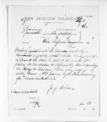 1 page written 4 Mar 1872 by Captain John Wilson to Sir Donald McLean, from Native Minister and Minister of Colonial Defence - Inward telegrams