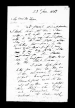 2 pages written 23 Jun 1862 by Robert Roger Strang to Sir Donald McLean, from Family correspondence - Robert Strang (father-in-law)