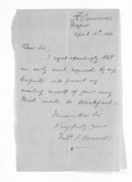 1 page written 15 Apr 1863 by Frederick Francis Ormond in Napier City to Sir Donald McLean, from Inward letters - Frederick & Hannah Ormond
