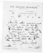 1 page written 3 Mar 1874 by Sir Julius Vogel, from Native Minister and Minister of Colonial Defence - Inward telegrams