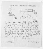 1 page written 13 Jan 1874 by William Gilbert Mair in Alexandra to Sir Donald McLean in Otaki, from Native Minister and Minister of Colonial Defence - Inward telegrams