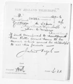 1 page written 30 Mar 1874 by Sir Julius Vogel in Auckland City to Sir Donald McLean in Auckland City, from Native Minister and Minister of Colonial Defence - Inward telegrams