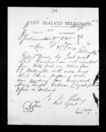 1 page written 20 Dec 1872 by Edward Walter Puckey to Sir Donald McLean in Wellington, from Native Minister - Inward telegrams
