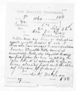 1 page written 21 Feb 1874 by William Kentish McLean in Napier City to Sir Donald McLean in Wellington, from Native Minister and Minister of Colonial Defence - Inward telegrams