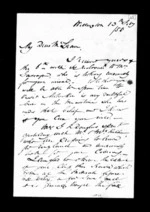 2 pages written 13 Feb 1858 by Robert Roger Strang in Wellington to Sir Donald McLean, from Family correspondence - Robert Strang (father-in-law)