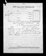 1 page written 26 Nov 1872 by an unknown author in Napier City to Sir James Prendergast in Wellington, from Native Minister - Inward telegrams