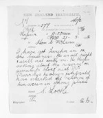 1 page written 21 Mar 1872 by Samuel Locke in Napier City to Sir Donald McLean, from Native Minister and Minister of Colonial Defence - Inward telegrams