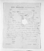 2 pages written 25 Mar 1872 by John Davies Ormond in Napier City to Sir Donald McLean in Wellington, from Native Minister and Minister of Colonial Defence - Inward telegrams