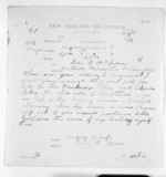 1 page written 19 Oct 1870 by Henry Tacy Kemp in Wanganui to Sir Donald McLean in Wellington, from Native Minister and Minister of Colonial Defence - Inward telegrams