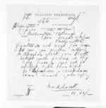 1 page written 17 Aug 1871 by H D Maddock in Napier City to Sir Donald McLean in Wellington, from Native Minister and Minister of Colonial Defence - Inward telegrams