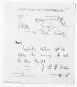 1 page written 13 Jan 1874 by John Henry Herbert St John in Wellington to Sir Donald McLean in Otaki, from Native Minister and Minister of Colonial Defence - Inward telegrams