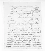 2 pages written 2 Mar 1872 by William Gilbert Mair in Alexandra to Sir Donald McLean, from Native Minister and Minister of Colonial Defence - Inward telegrams