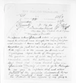 2 pages written 15 Mar 1872 by Robert Reid Parris to Sir Donald McLean in Dunedin City, from Native Minister and Minister of Colonial Defence - Inward telegrams