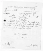 2 pages written 17 Feb 1874 by William Kentish McLean in Napier City to Sir Donald McLean in Wellington, from Native Minister and Minister of Colonial Defence - Inward telegrams