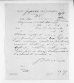 1 page written 8 Mar 1872 by John Davies Ormond in Napier City to Sir Donald McLean, from Native Minister and Minister of Colonial Defence - Inward telegrams