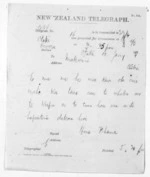 1 page written 10 Jan 1874 by an unknown author in Hawera to Sir Donald McLean in Otaki, from Native Minister and Minister of Colonial Defence - Inward telegrams