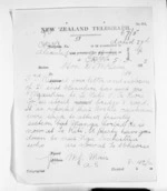 1 page written 5 Mar 1872 by William Gilbert Mair in Alexandra to Sir Donald McLean, from Native Minister and Minister of Colonial Defence - Inward telegrams