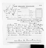 1 page written 15 Oct 1870 by Sir Donald McLean in Wellington to Taupo, from Native Minister and Minister of Colonial Defence - Inward telegrams