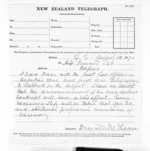 1 page written 10 Aug 1871 by Sir Donald McLean to John Davies Ormond in Napier City, from Native Minister and Minister of Colonial Defence - Inward telegrams