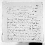 5 pages written 14 Oct 1870 by Sir William Fox in Marton to William Gisborne in Wellington City, from Native Minister and Minister of Colonial Defence - Inward telegrams