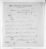 1 page written 6 Mar 1872 by J T Edwards in Wanganui to Sir Donald McLean, from Native Minister and Minister of Colonial Defence - Inward telegrams